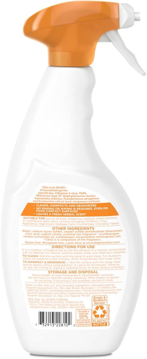 Seventh Generation Disinfecting Multi Surface Cleaner, Lemongrass Citrus [Case of 8] - 2